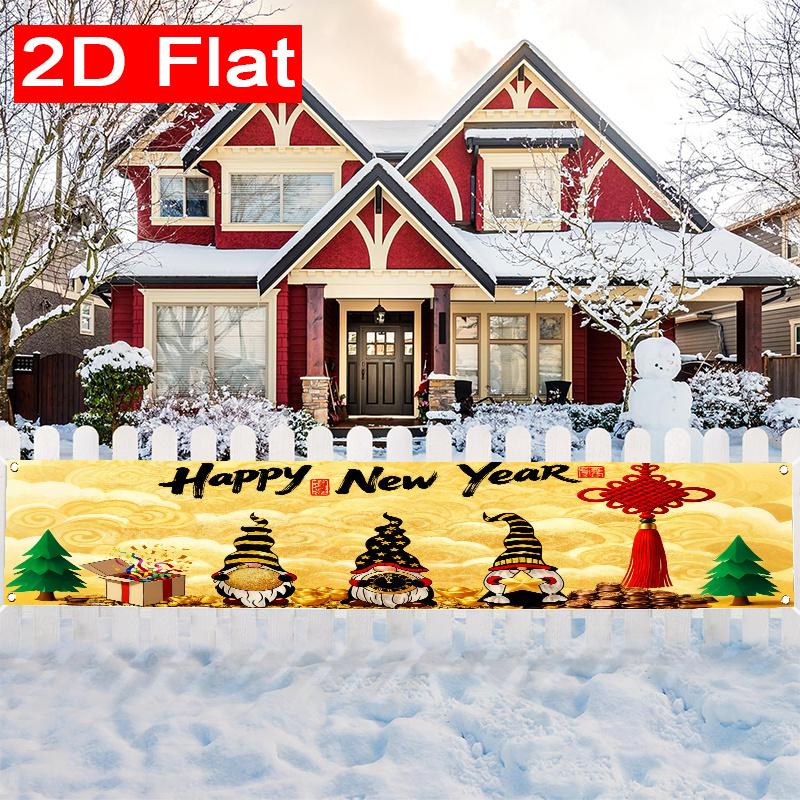 Happy New Year Gnome Fence Banner, Winter Snow Scene Red Gold Letters, Polyester Outdoor Indoor Party Decoration