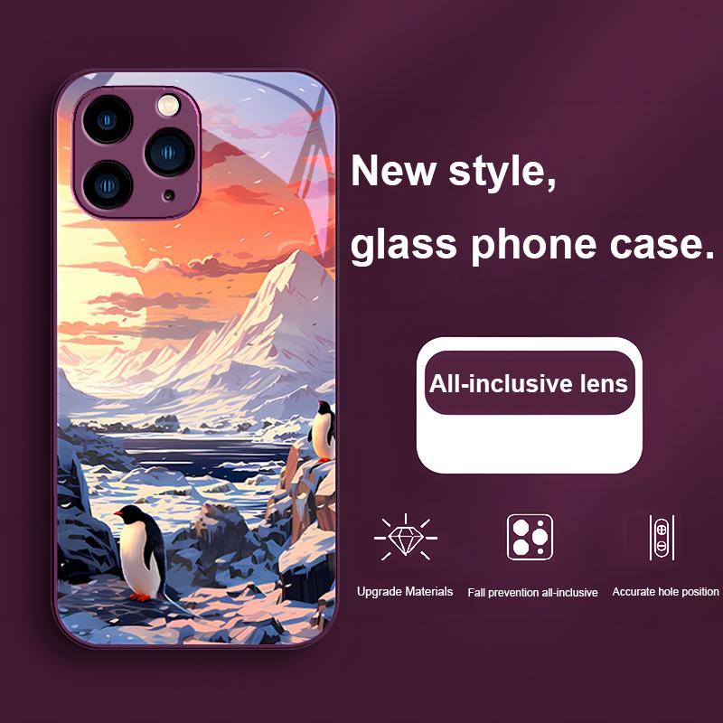 Sunshine Penguin Gold Purple For Iphone 16 Plus 15 14 13 12 Mini 11 Pro Max X XS XR 7 8 Plus 2022 Tempered Glass Phone Case