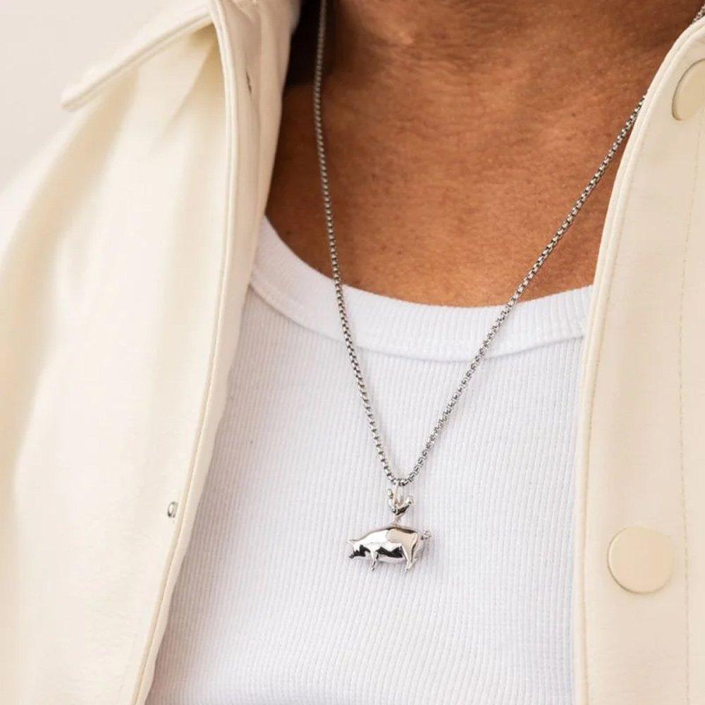 Pig and Hen Pendant Necklace - Silver x Silver