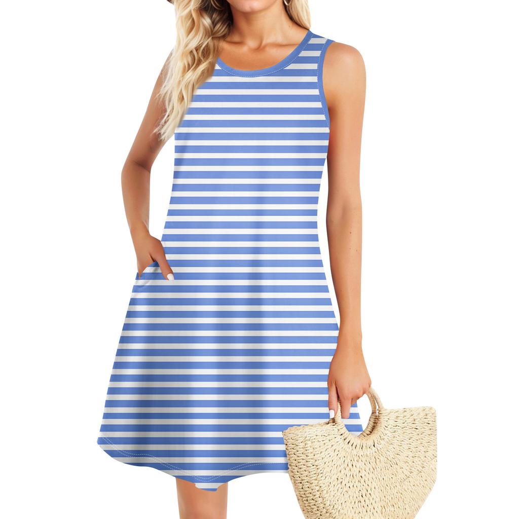 Летние платья для женщин Пляжный Бохо без рукавов Винтажный принт Футболка с карманами Сарафаны-майки