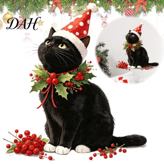 Durable Holiday Window Art Christmas Cute Black Cat Wall Sticker, PVC Decal with Polka Dot Cone Hat Creative Gift for Lovers And Red