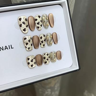 Чистые ручной работы фототерапевтические носимые ногтевые пластины, леопардовый принт черного сахара, носимый готовый продукт для ногтей, многоразовый нейл-арт