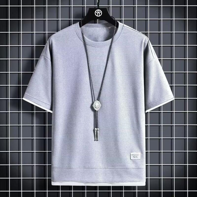 Men's Summer Casual Two-Piece-Look T-Shirt, High-End Large-Size Sports Short-Sleeve Five-Point Sleeve Top