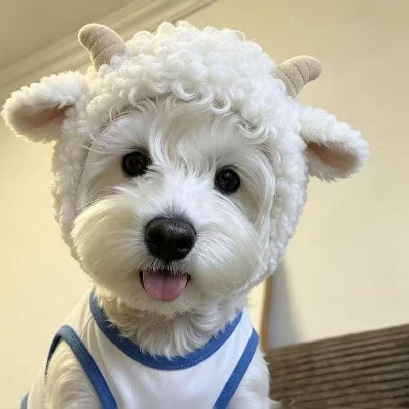 Warm Fuzzy Sheep-Shaped Dog Hat With Horns Lightweight Pet Head Accessory for Festival Cosplay Daily Photos
