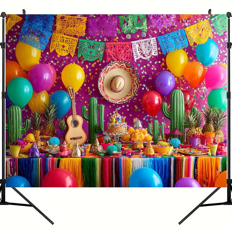2D Cinco de Mayo Taco Party Backdrop, Colorful Papel Picado Cactus & Balloon Photography Background