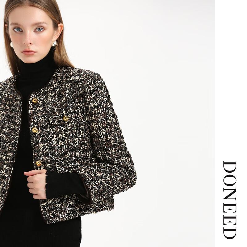 DONEED Women's Tweed Sequin Round Neck Jacket