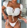 Short Sleeve Wrinkled Brazilian Bikini Women Swimwear Female Swimsuit Two-pieces Bikini Set Bather Bathing Suit Swim Lady