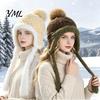Outdoor Cycling Winter Hat Women Knitted Earflap Hat, Fuzzy Trim Pompom Soft Warm Small Face Effect Knit for Cycling, Cold Weather Daily Wear