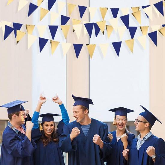 30Ft Navy Blue Gold and Beige Party Decorations Royal Blue Gold Triangle Flag Pennant Banner Bunting for Graduation Birthday Wedding Bridal Shower