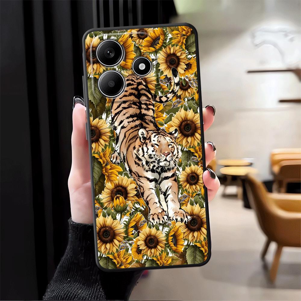 Cartoon Sunflower Tiger Case for Xiaomi Redmi Note 12s 11s 10S 9 10 11 12 Pro 7 8 9S 13 14 Pro Plus Black Soft Phone Cover
