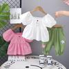 2025 New Korean Style: Puff Sleeve Floral Top & Shorts Summer Two-Piece Set for Baby Girls