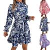 Women's Casual Elegant Long Sleeve Standing Neck Floral Waisted Long Sleeve Ruffle A-line Dresses Dresses