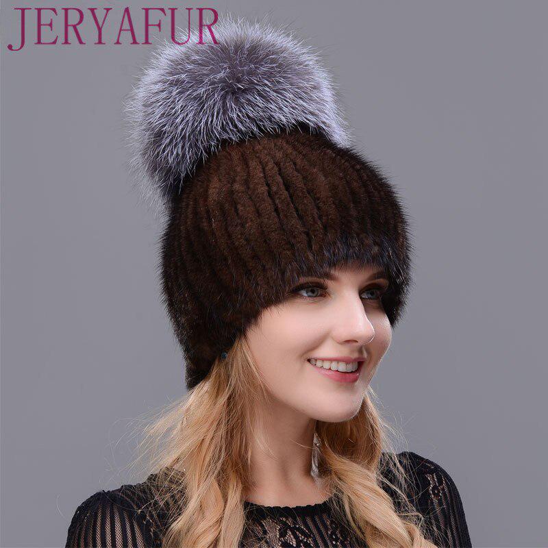 JERYAFUR Тёплая шапка с объёмным помпоном из натурального меха