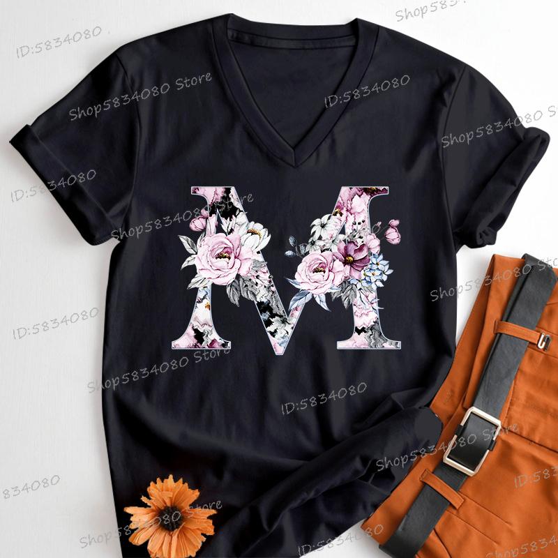 Womens Clothing AZ 26 Alphabet Flower Vintage Design Tshirts Retro Birthday Gift for Women Floral Letters A B C D Classic Top