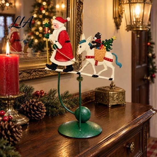 Holiday Entryway Table Decor Wobbly Santa on Reindeer Christmas Figurine, Metal Balancing Tabletop Decor, Balanced Display Swinging Statue for Mantel