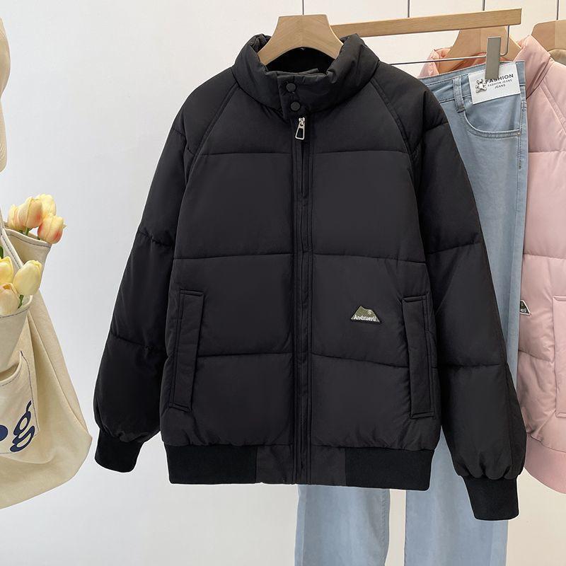 Womens Warm Puffer Jacket With Stand Collar Loose Fit Down Cotton Filled Winter Coat Korean Style Casual Outerwear