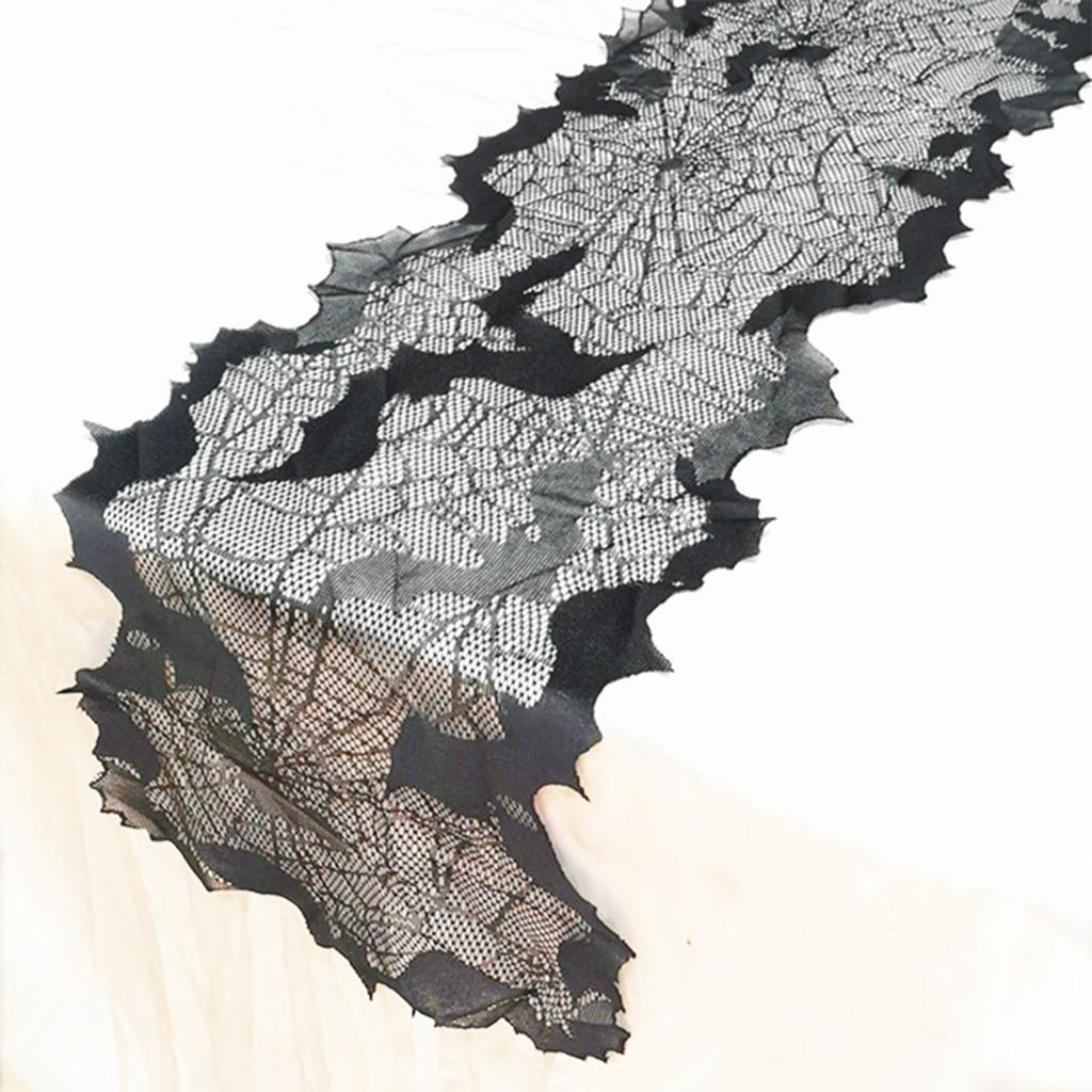 Halloween Table Runner 13x68inch Black Polyester Waterproof Decoration with Spider Web and Bat Design for Dinner Party