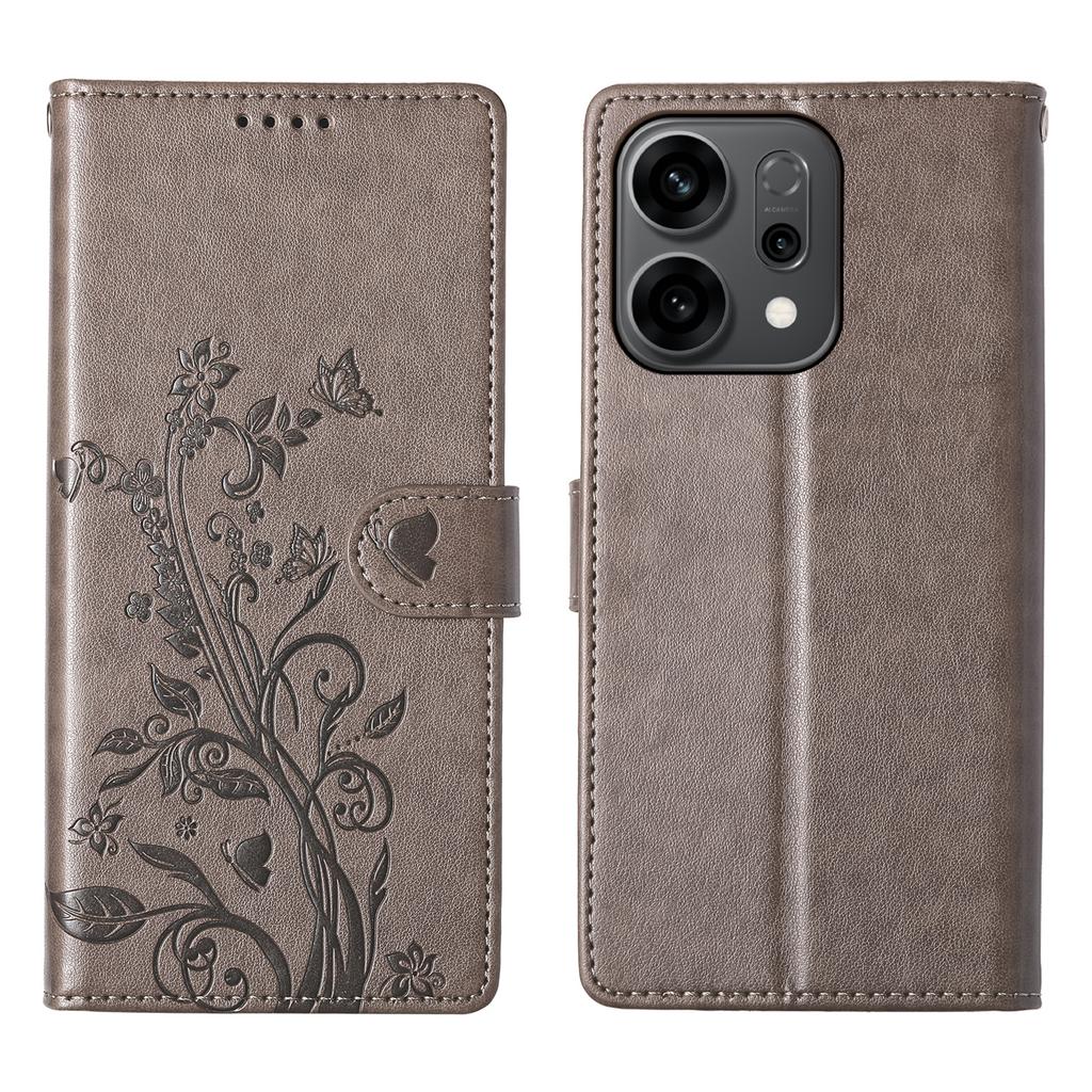 For Oppo Reno14 F 5G Wallet Case Butterfly Floral Imprint PU Leather Phone Cover with Wrist Strap