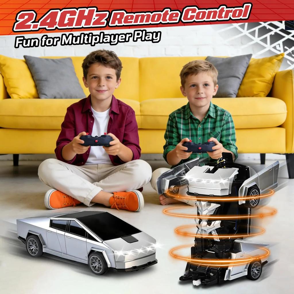 2.4GHz RC Transforming Robot Car Toy 2-in-1 Remote Control Vehicle with LED Lights 360° Spin Drift for Kids Boys Birthday Gift