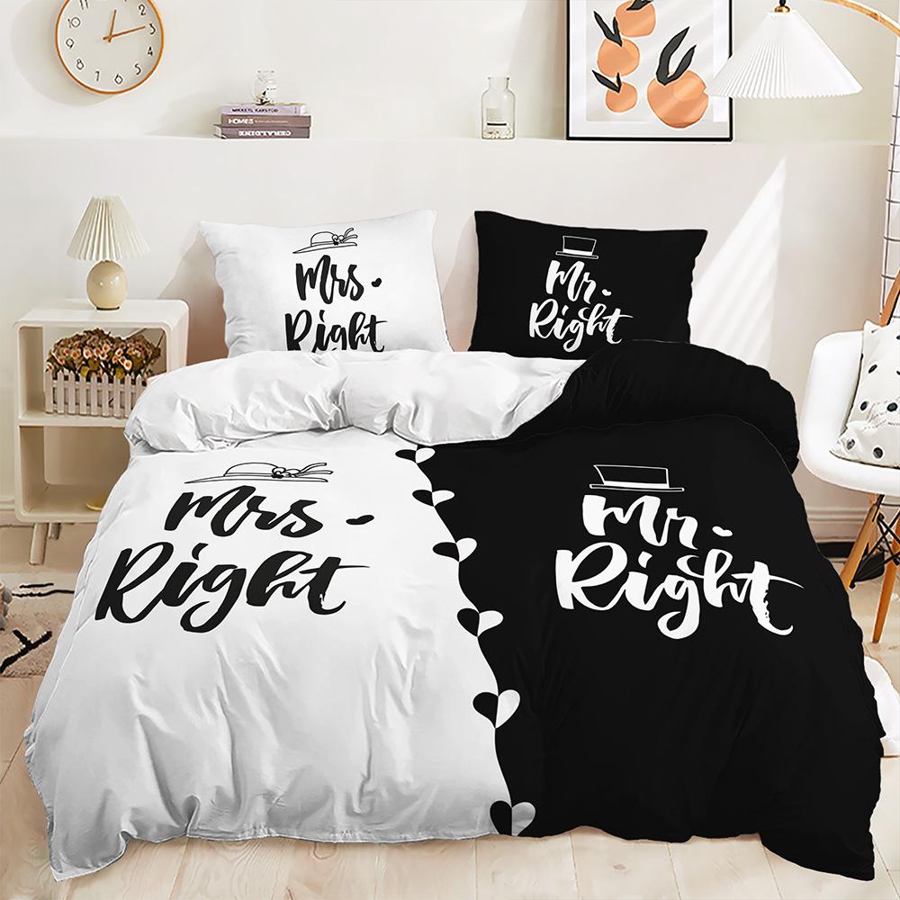 Three-Piece Black And White Series Couple Quilt Cover Digital Printing Bedding Kit