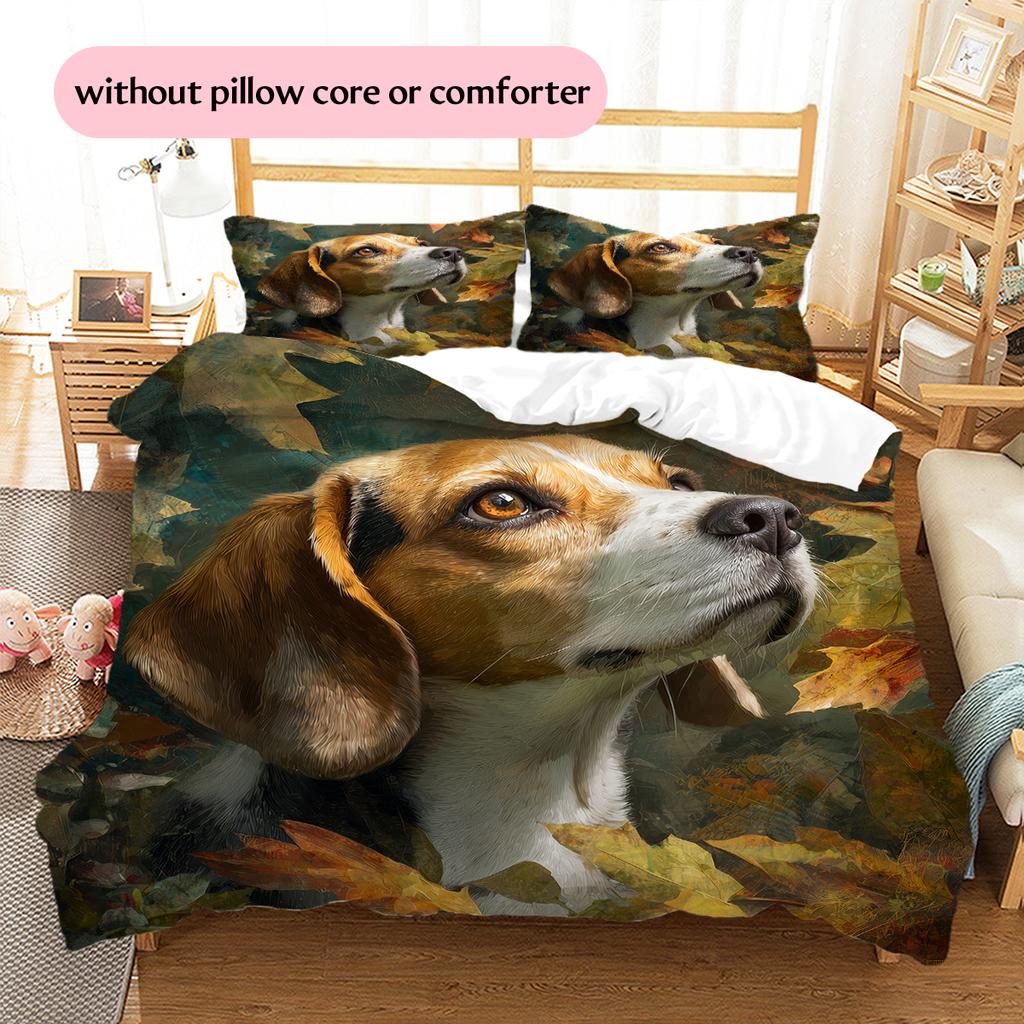 Beagle and Leaves Pattern Bedding Home Decoration Birthday Gift (1 * duvet cover + 2 * pillowcase, without core)