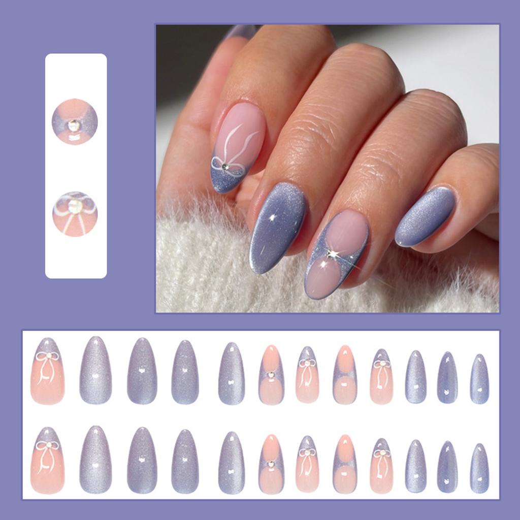 Blue Pink Long False Nails with Rhinestone Natural-looking Easy to Take on and Apply for Girlfriend Wife Women and Girl