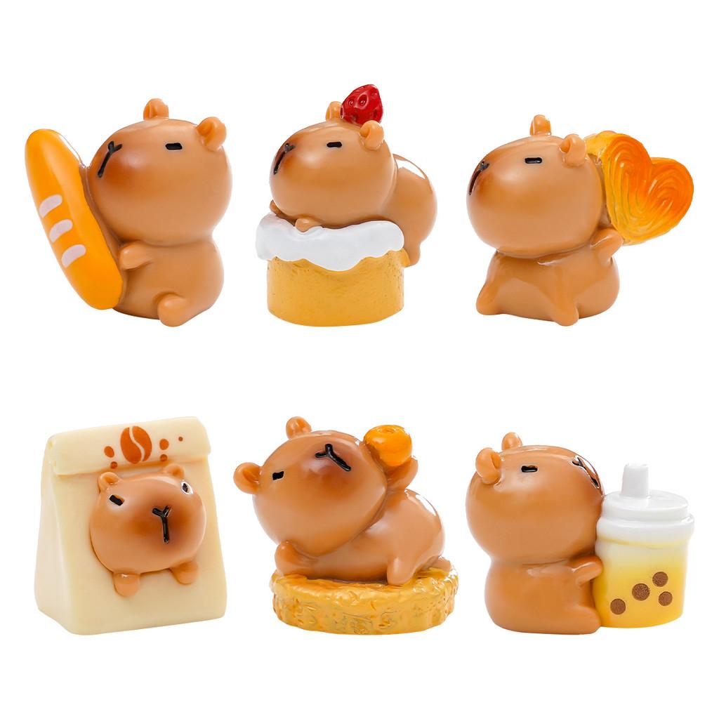 7Pcs/set Cartoon Cake Bread Capybara Animal Miniatures Resin Ornaments Fairy Garden Decoration Micro Landscape