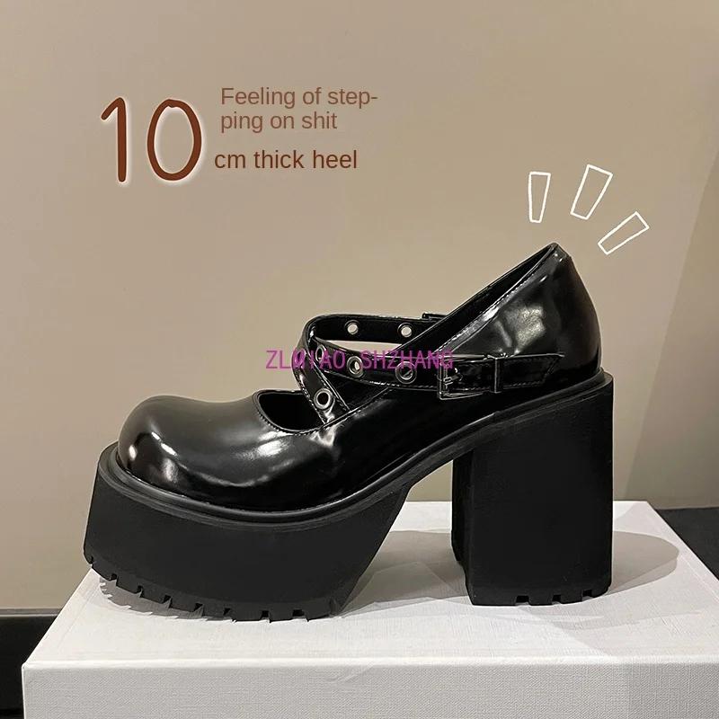 Fashion Round Toe Thick Heels Women's Shoes Spring Autumn New 10CM Thick High Mary Jane Small Leather Shoe Black Buckle Belt Cross Pumps