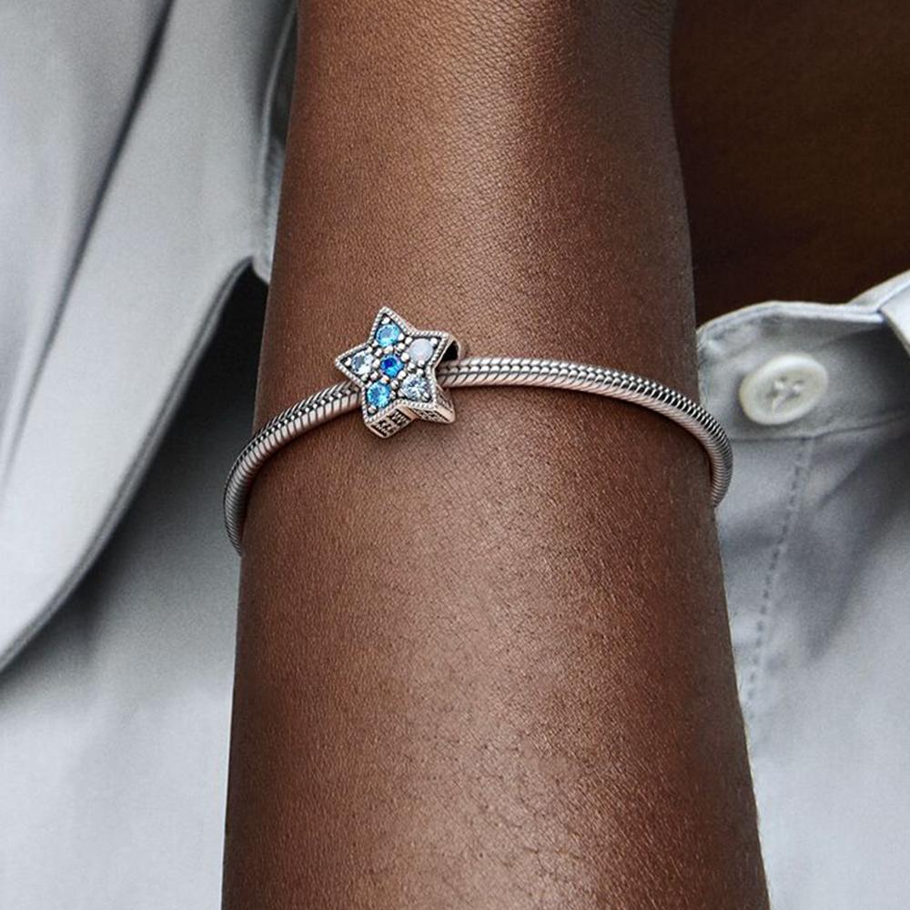 Небесно-голубые сверкающие звезды, бусины-шармы из стерлингового серебра S925, подходят для оригинального браслета, сделай сам, ювелирные изделия для женщин, подарок на день рождения