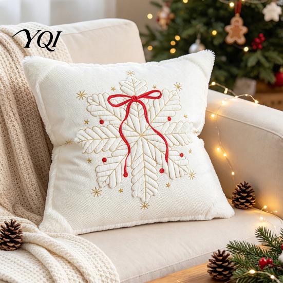 Soft Polyester Throw Pillow Covers Embroidered Christmas Cushion Cover, Xmas Tree Red Bow Case, with Zipper, Bell Snowflake Embroidery, Invisible