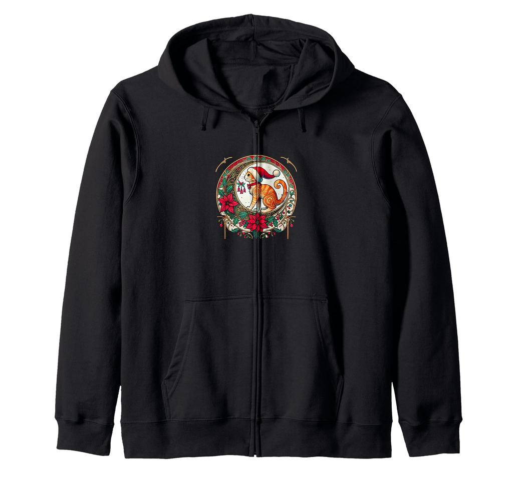 Рождественский рыжий кот в шапке Санты Иллюстрация Ар-нуво Худи на молнии