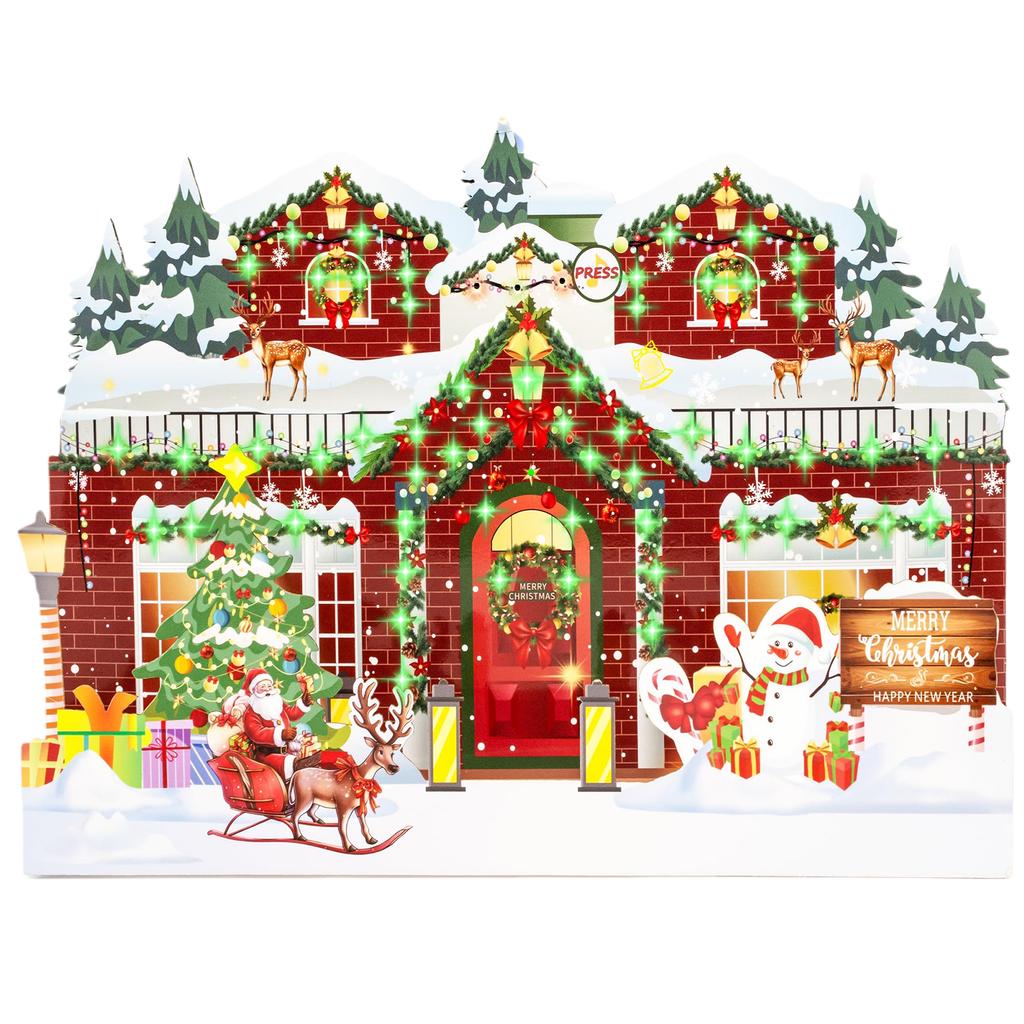 Christmas 3D Pop Up Greeting Card Flashing LED Lights Music Holiday Xmas Card Santa Snowman Reindeer Gift