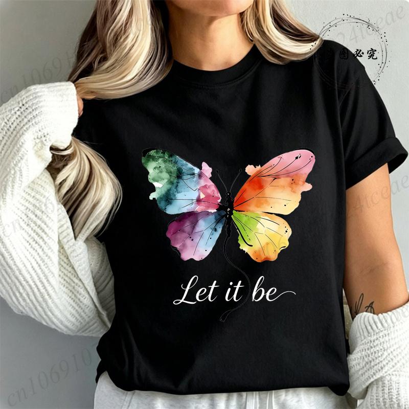 Футболка High Street Let It Be с принтом радужной бабочки Модная футболка Женская футболка с акварельной бабочкой Летние брендовые топы