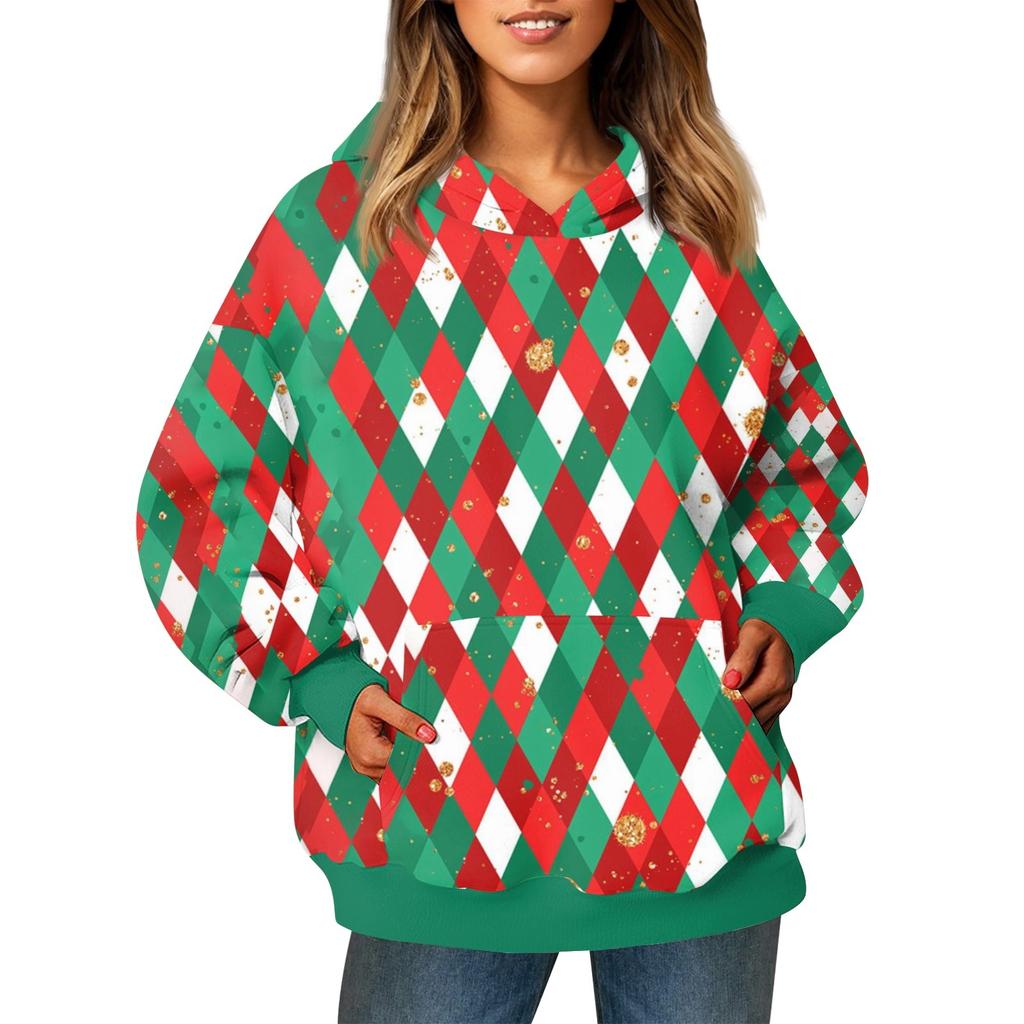 Ladies' Fashionable Long Sleeved Pullover With Christmas Print Hooded Pocket Sweatshirt