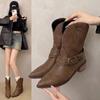 2025 Новые женские полусапоги Ретро сапоги на устойчивом каблуке Роскошные повседневные кожаные сапоги для женщин Западные сапоги рыцаря