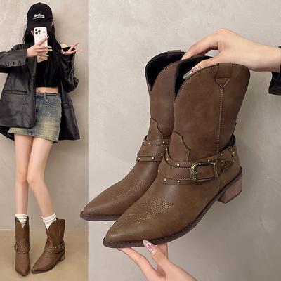 2025 Новые женские полусапоги Ретро сапоги на устойчивом каблуке Роскошные повседневные кожаные сапоги для женщин Западные сапоги рыцаря