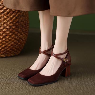 Мода 2025 Весна Лето Элегантная Мода Женские Туфли Замша Натуральная Кожа Квадратный Носок Высокий Каблук Вечеринка Выпускной Ремешок на Щиколотке Женская Обувь