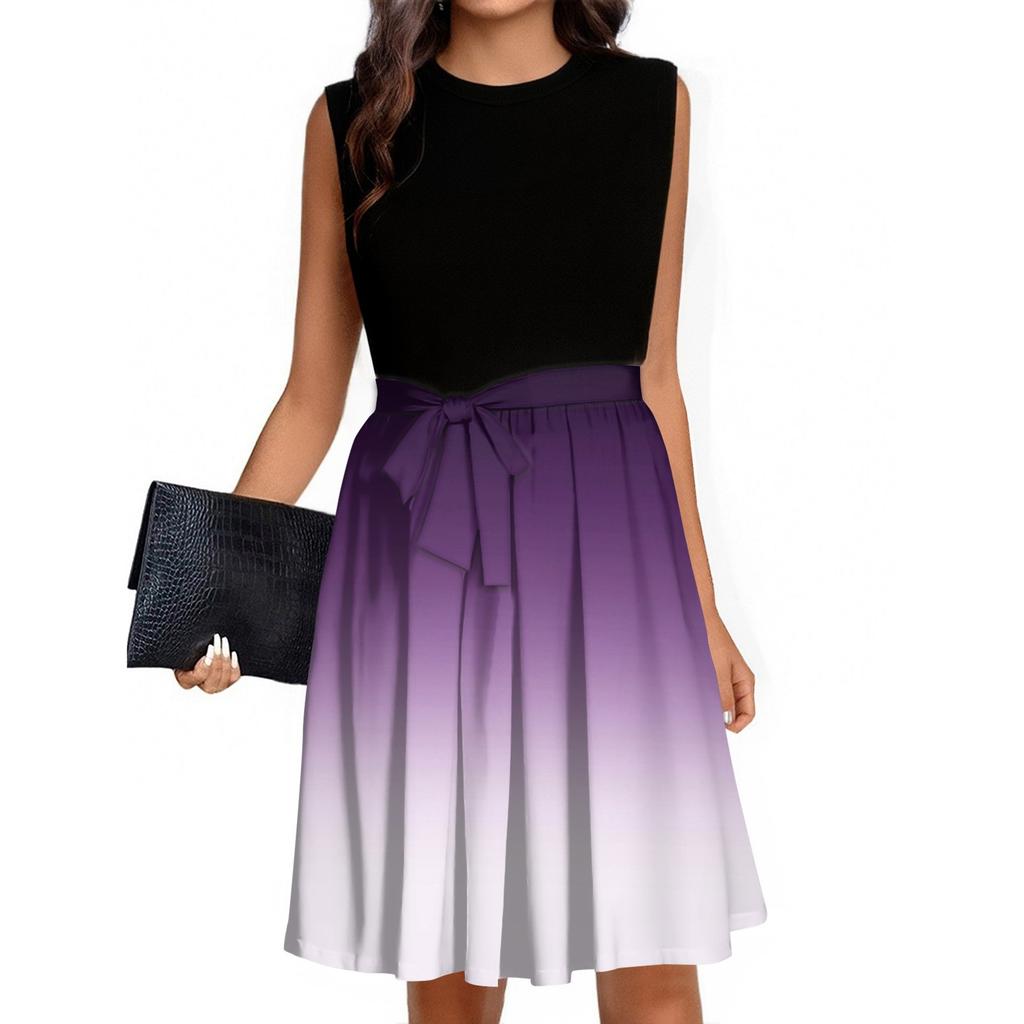 Women's Fashion Casual Lace-up Sleeveless Round Neck Splicing Short Dress