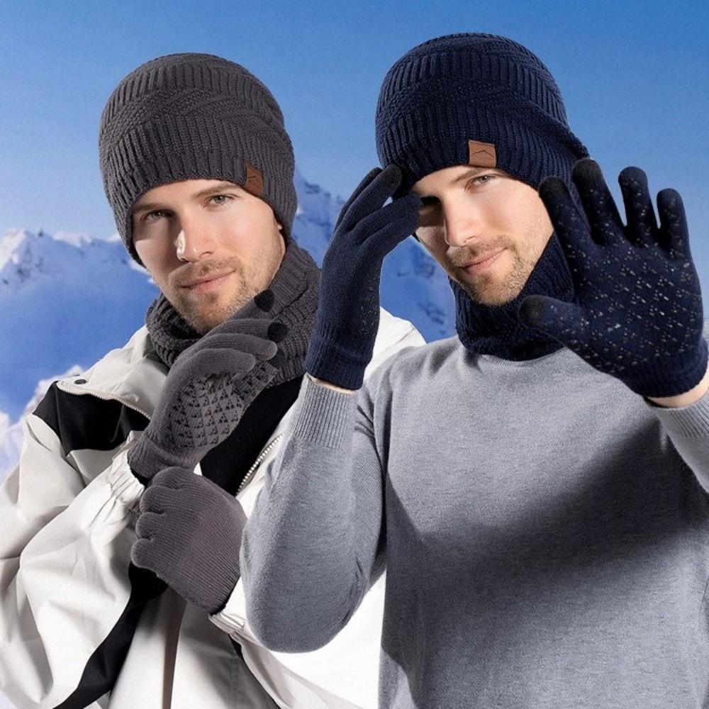 3pcs Warm Thermal Knit Cap Solid Color Winter Beanie Hat Neck Warmer Hat Scarf Gloves Set Outdoor