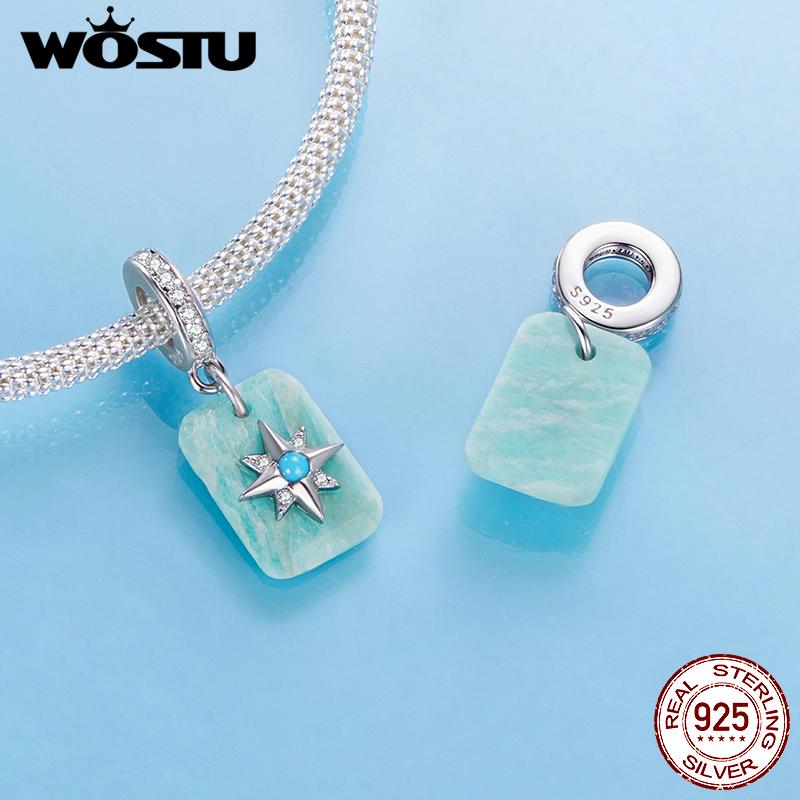 WOSTU 925 Silver Natural Gems Amethyst Energy Pendant Drop Amazonite Charm Clover Tree Evil Eye Bead Fit Bracelet mom DIY Gift