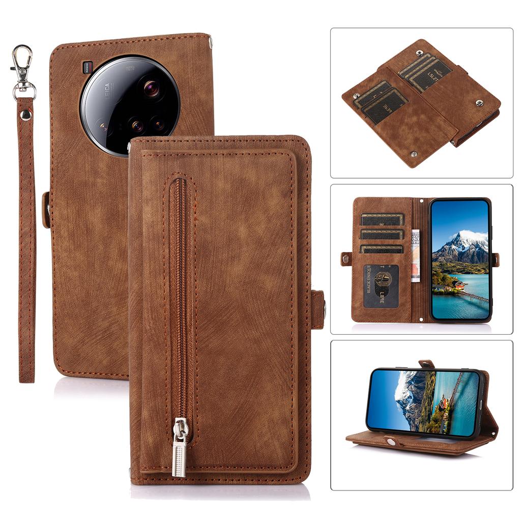 Чехол для Xiaomi 15 Ultra с карманом на молнии, 9 слотами для карт, кожаный чехол для телефона из ПУ с ремешком на запястье