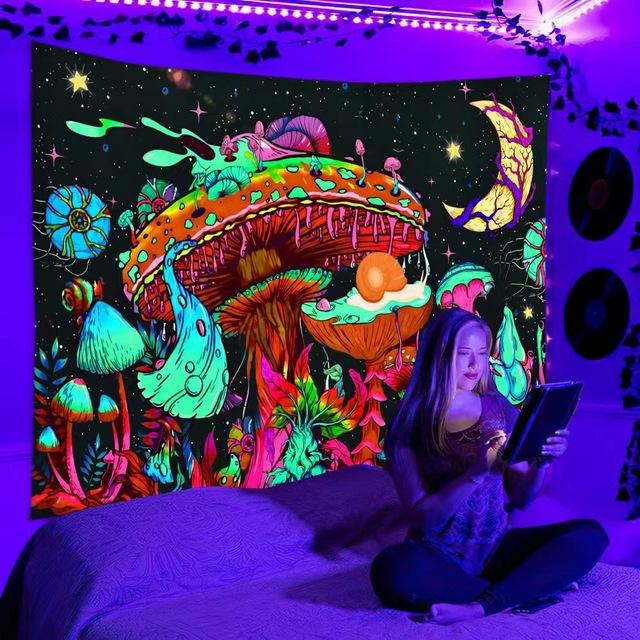 Гобелен Blacklight Galaxy Trippy Planet УФ-реактивный водопад Пейзаж Стена Забавные гобелены Таинственный гриб Богемия Tapiz