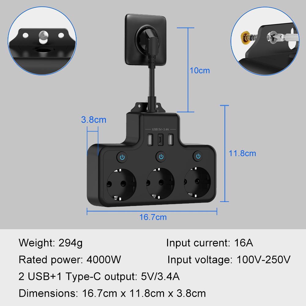 Удлинитель европейского стандарта, многофункциональная розетка, защита от перенапряжения, черная розетка, белая розетка, проводная розетка, 3 гнезда, 3 USB-порта для быстрой зарядки