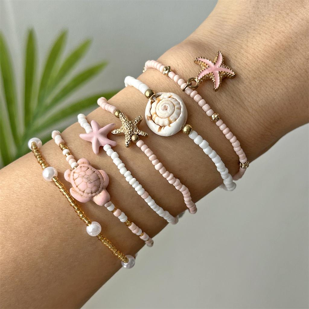 6 Pcs/Set Ceramic Sea Turtle Starfish Stacked Bracelets for Women Bohemian Pink Rice Beaded Multilayer Bracelets Party Jewelry
