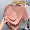 Short-sleeved T-shirt for Women's Summer New Women's Solid Color V-neck Cotton T-shirt Large Size Loose Belly Cover Top