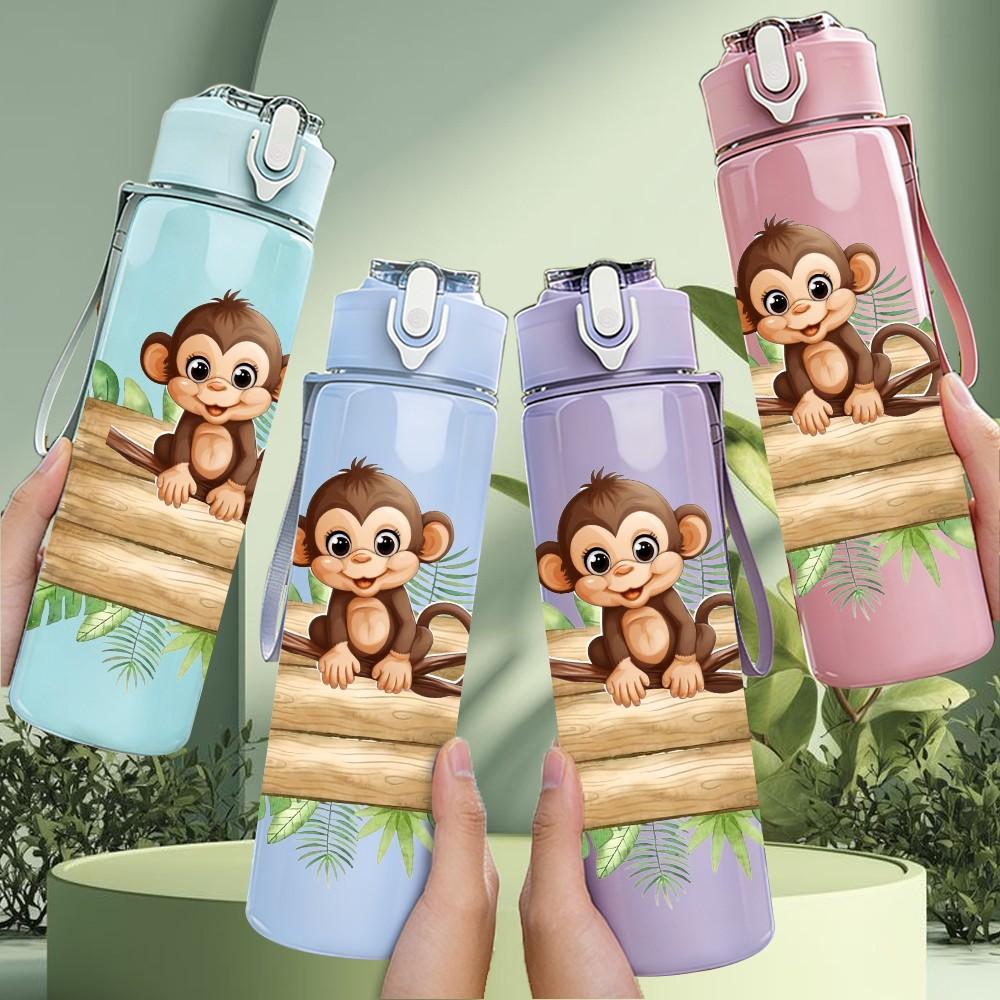 1PC Monkey Sitting In Wooden Box Cartoon 750ml Color Plastic Sports Water Bottle Leakproof Flip Straw Lid Suitable for Sports Office Home Use