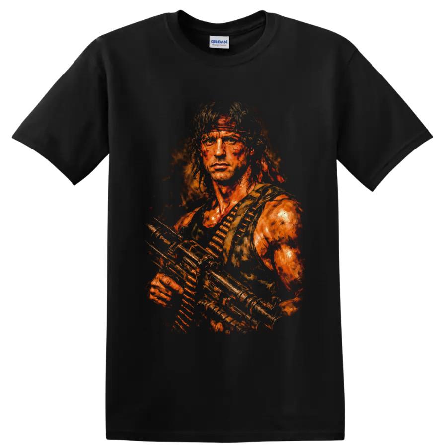 John Rambo First Blood Action Movie T Shirt w/ Rifle Warrior Graphic Tee Art