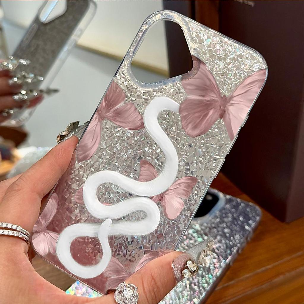 White Snake and Butterfly Wonder Case for iphone 17 Pro XR 12 Air 13 14 XS Max 16 Plus 18 Pro Max 11 15 Silver Crushed Foil Cover