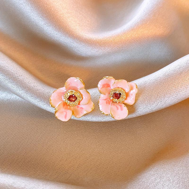 2024 Новое поступление Темпераментные сладкие розовые хрустальные серьги-гвоздики с масляным цветком для женщин Модные милые элегантные ювелирные изделия Подарки