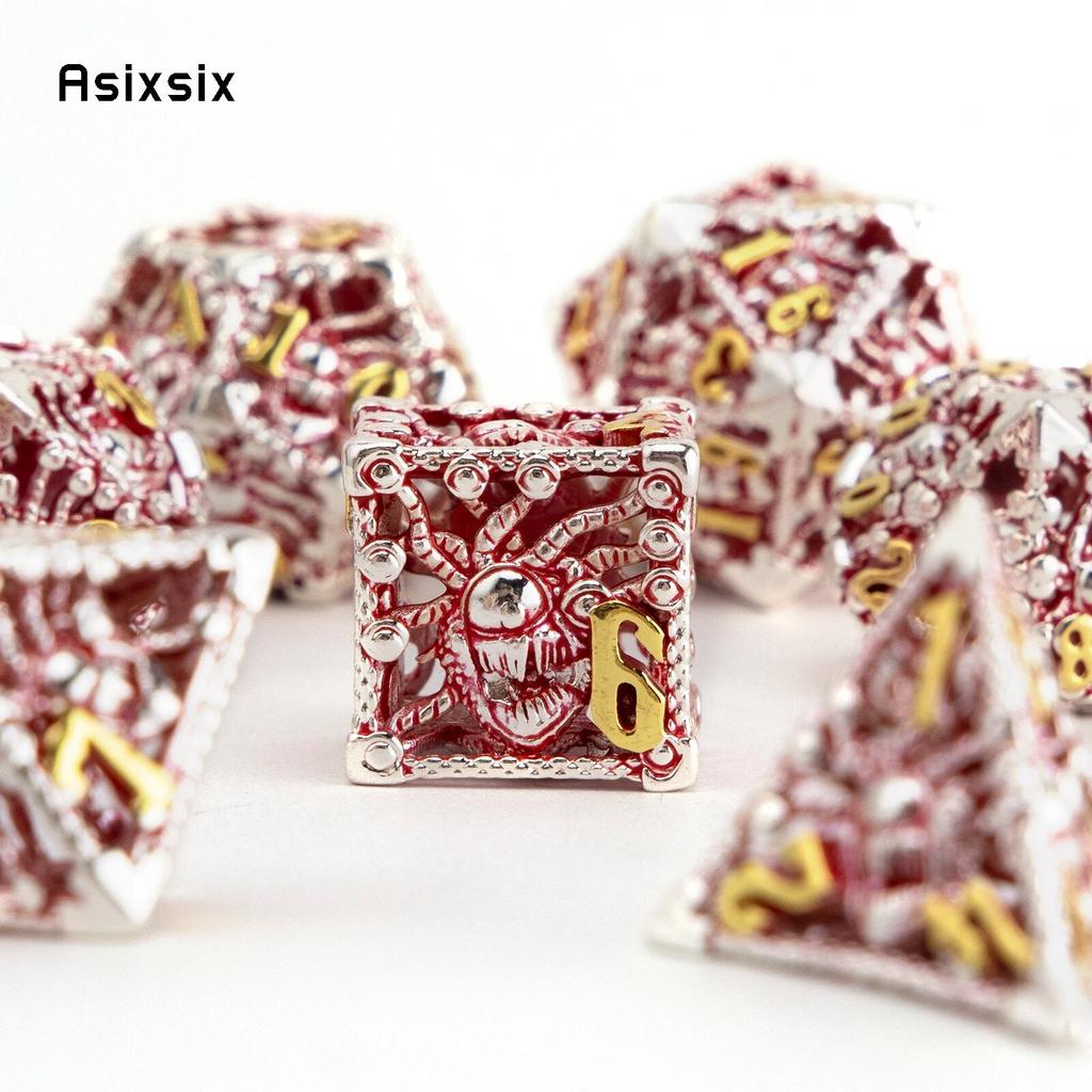 7 Pcs Silver Red Octopus Metal Dice Hollow Metal Polyhedral Dice Set Suitable for Role-Playing RPG  Board Game Card Game